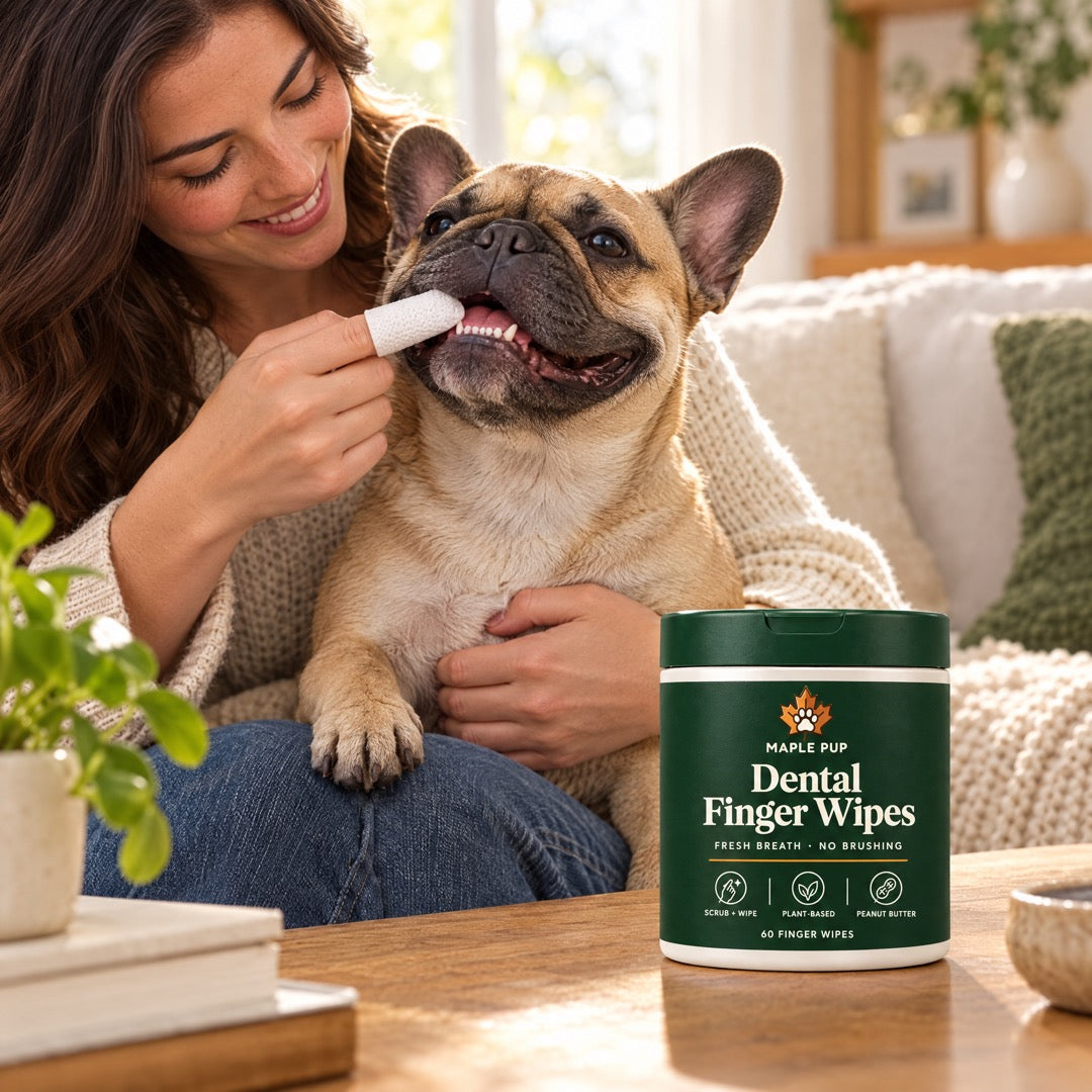 Owner wiping a French bulldog's teeth