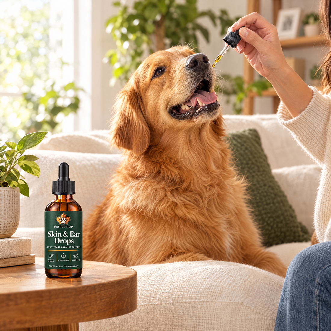 Golden retriever getting daily skin and ear drops