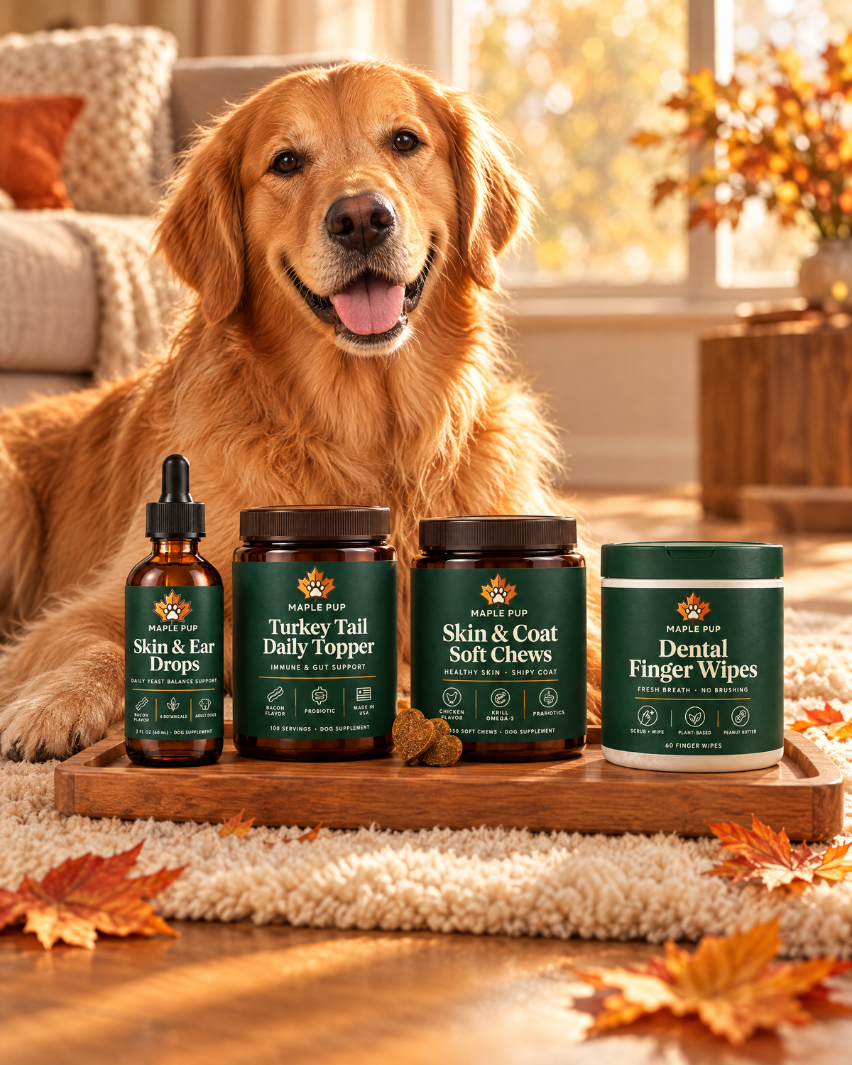 Golden retriever relaxing next to Maple Pup daily care products