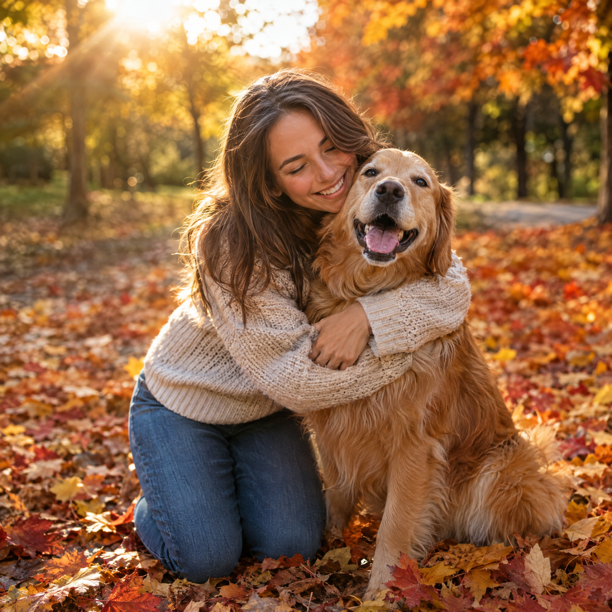 Woman hugging her golden retriever in autumn leaves