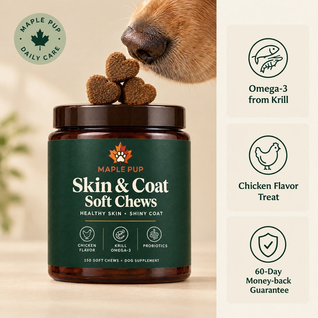 Maple Pup Skin & Coat Soft Chews with a golden retriever