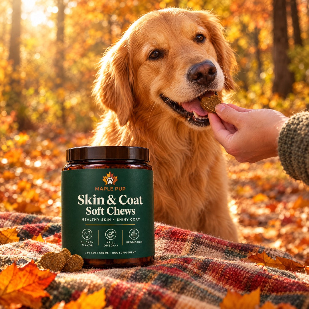 Golden retriever taking a chew on an autumn trail