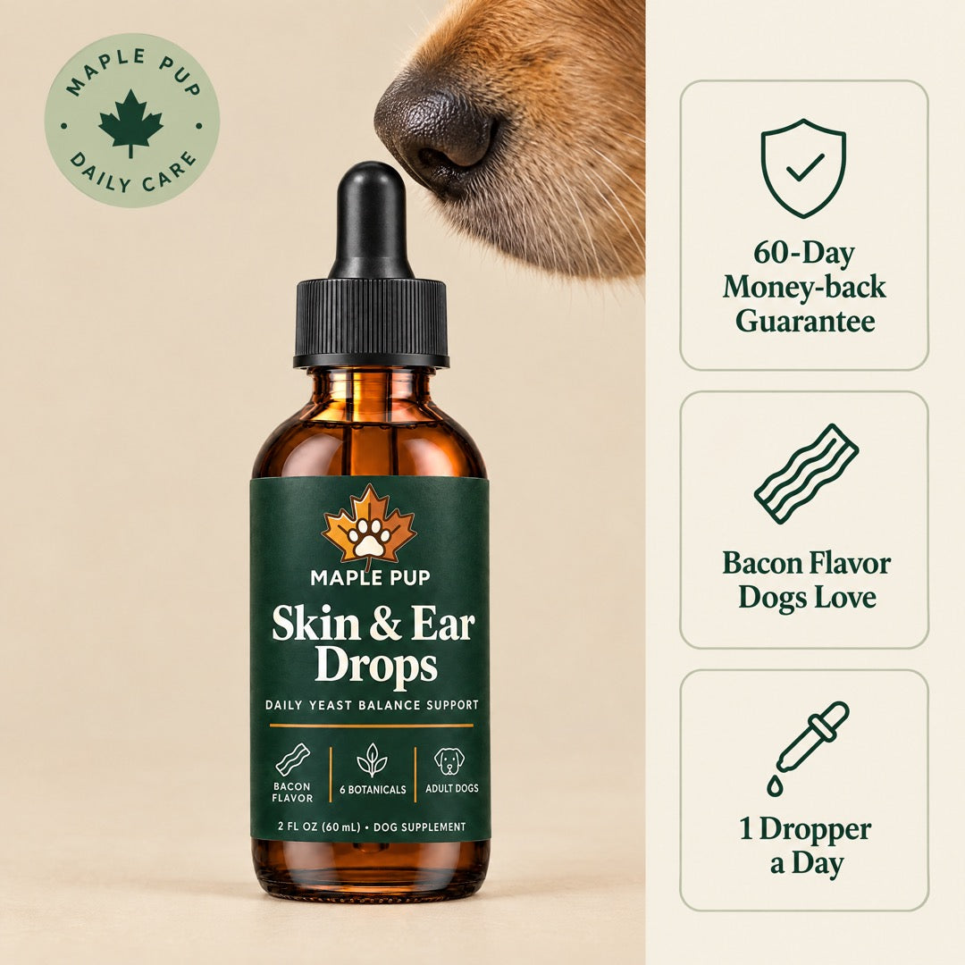 Maple Pup Skin & Ear Drops with a golden retriever