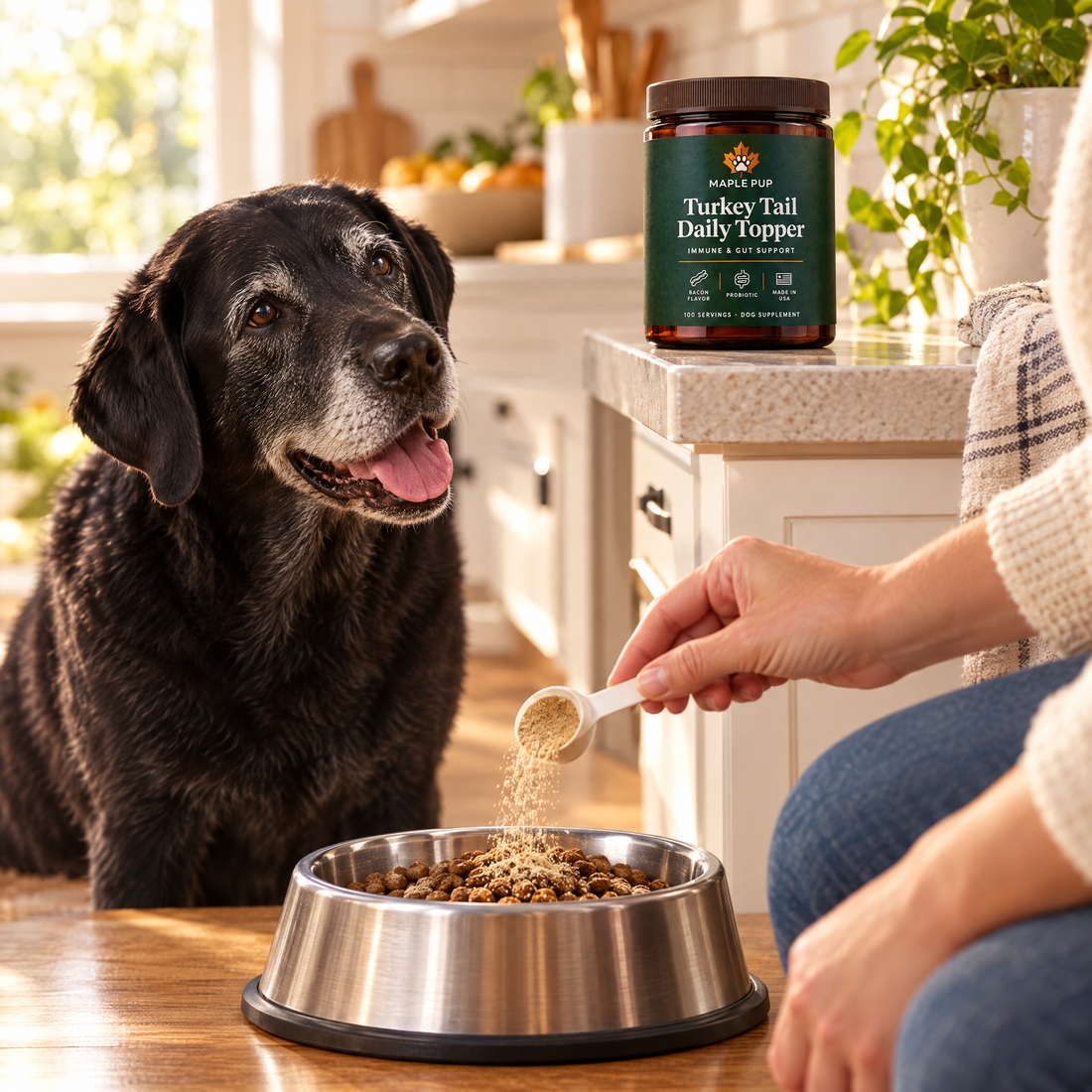 Senior labrador getting turkey tail topper on food