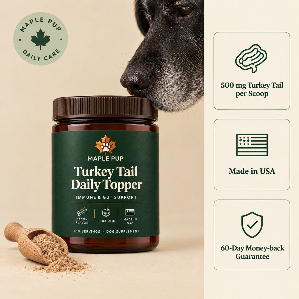 Maple Pup Turkey Tail Daily Topper with a senior labrador