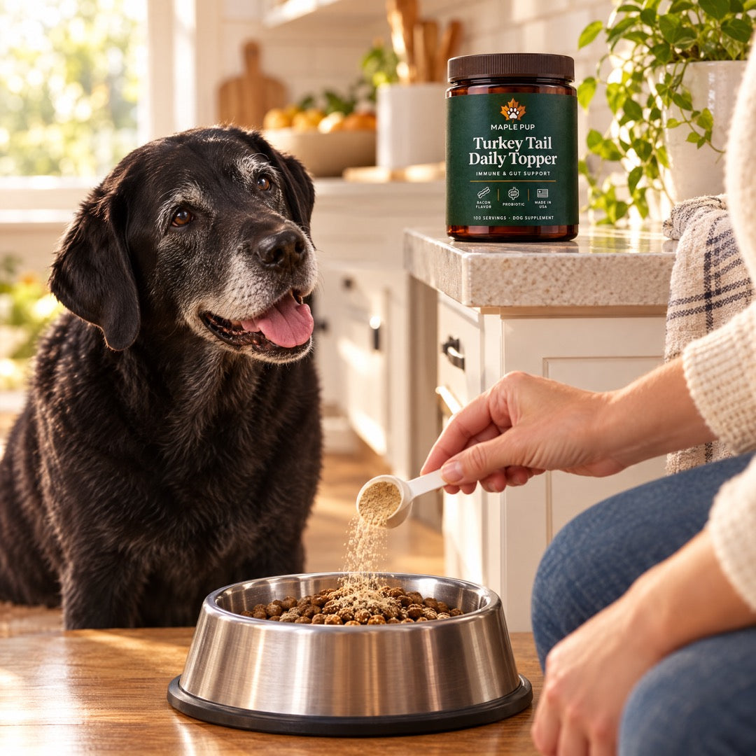 Senior labrador getting a scoop on its food