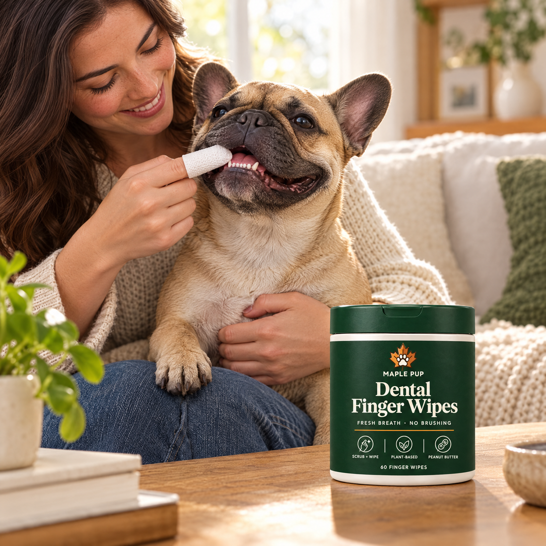 Owner wiping a French bulldog's teeth with a finger wipe